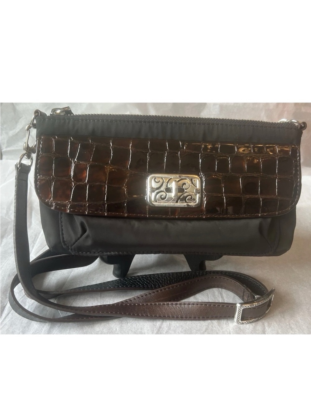 Brighton Brown Croc-Print Flap Crossbody Bag